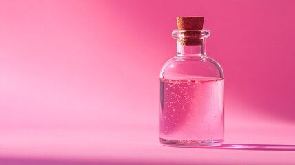 A single elegant glass bottle with a cork containing lavender oil and floating copper flakes spotlighted on a hot pink backdrop.