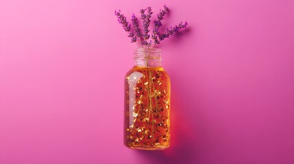 A single glass bottle filled with golden oil copper flakes and floating lavender sprigs highlighted on a bright pink backdrop.