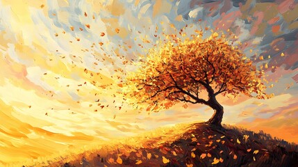 A breathtaking depiction of a lone tree on a hill its branches painted with golden leaves against a sunset sky in vibrant brushstrokes.