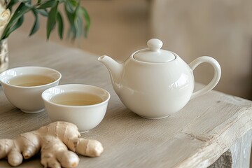 Fototapeta premium elegant white teapot and hot tea set of cups with ginger on the beige wooden table 