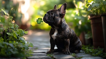 A brindle French bulldog sniffing a four-leaf clover it holds sitting on a cobblestone path surrounded by greenery.