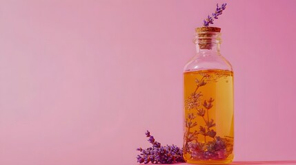 A single glass bottle filled with golden oil copper flakes and floating lavender sprigs highlighted on a bright pink backdrop.