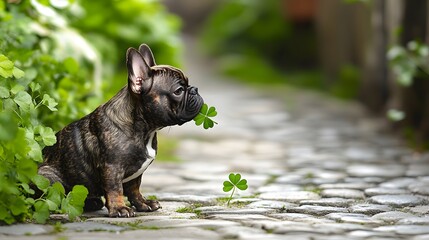 A brindle French bulldog sniffing a four-leaf clover it holds sitting on a cobblestone path surrounded by greenery.