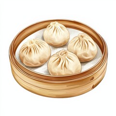 Chinese steamed pork buns national cuisine dish isolated on white background, colorful cartoon illustration