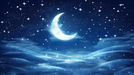 A celestial scene featuring a luminous moon and abstract stars painted with bold strokes on a deep blue canvas.