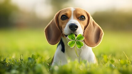A cheerful beagle sitting on fresh grass holding a bright four-leaf clover while sniffing with a curious expression.
