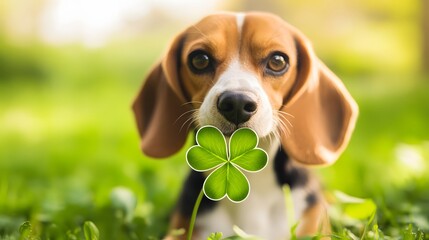 A cheerful beagle sitting on fresh grass holding a bright four-leaf clover while sniffing with a curious expression.