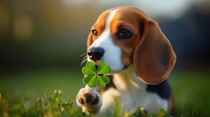 A cheerful beagle sitting on fresh grass holding a bright four-leaf clover while sniffing with a curious expression.