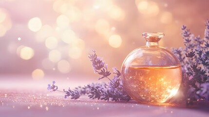 A single round glass bottle filled with a golden oil blend copper flakes and lavender flowers glowing under soft light on a pastel pink surface.