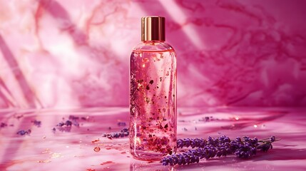 A single tall glass bottle of oil with a mixture of copper flakes and lavender buds placed elegantly on a bright pink marble surface.