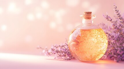 A single round glass bottle filled with a golden oil blend copper flakes and lavender flowers glowing under soft light on a pastel pink surface.