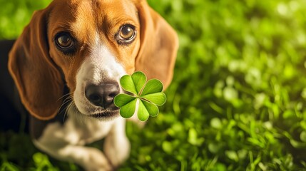 A cheerful beagle sitting on fresh grass holding a bright four-leaf clover while sniffing with a curious expression.