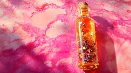 A single tall glass bottle of oil with a mixture of copper flakes and lavender buds placed elegantly on a bright pink marble surface.
