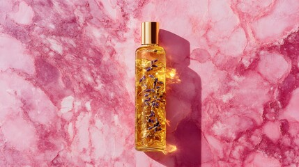 A single tall glass bottle of oil with a mixture of copper flakes and lavender buds placed elegantly on a bright pink marble surface.