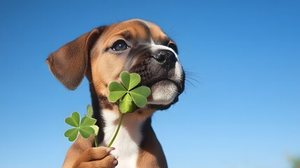 A cheerful boxer puppy proudly holding a four-leaf clover in its teeth sniffing against the backdrop of a clear blue sky.