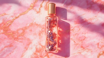 A single tall glass bottle of oil with a mixture of copper flakes and lavender buds placed elegantly on a bright pink marble surface.