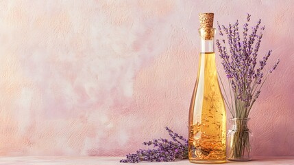 A single tall glass bottle with golden oil floating copper flakes and a lavender sprig inside positioned against a textured dusty pink wall.