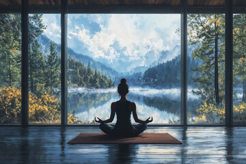 Person meditating in lotus position on a mat by a large window, overlooking a calm landscape