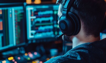 A person using a headset at a computer with multiple screens displaying data.