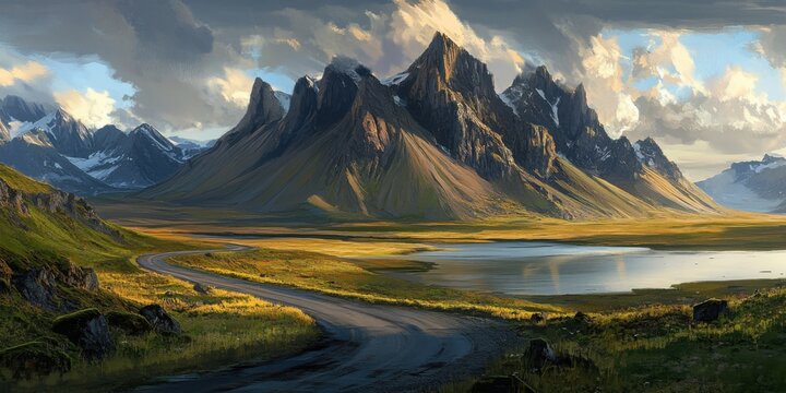 Paisaje monta&ntilde;oso con lago y praderas