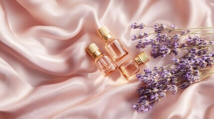 A soft and luxurious composition of small glass vials filled with copper-infused oil and lavender surrounded by gold accents on a blush pink silk backdrop.