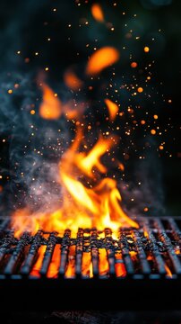 Parrilla encendida con llamas y chispas