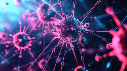 Pathogen network interconnected with neon bio-hacking symbols, pathogens, futuristic biosecurity