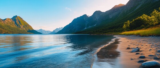 Obraz premium Serene Lakeside Scenery at Sunrise.