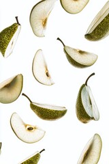 Falling identical pear slices floating in the air isolated on white background