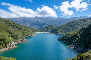 Obraz premium Serene coastal landscape with mountains and clear blue water.