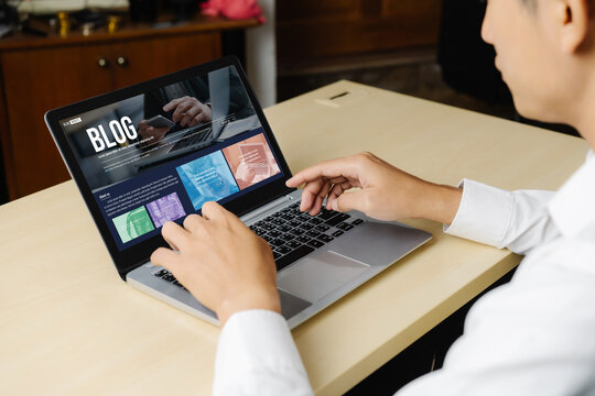 blogging concept, web blog Social Media Information network snugly. social media online content, freelance worker, working online, content creator, blogger, website, reading blog online on computer