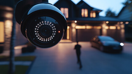 Closeup of a black electronic security camera placed in front of the house, recording and monitoring, blurred thief or burglar in black clothes blurred, house protection, movement tracking outside.