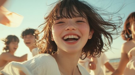 A lively gathering of young people dancing joyously by the seaside at sunset, celebrating International Youth Day with laughter and carefree moments