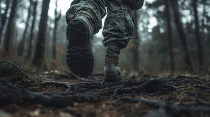 A soldier stepping over roots as he drags his parachute in a forest clearing.