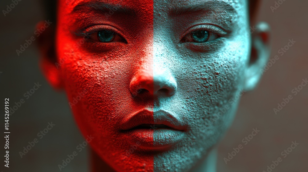 Aufkleber Striking Features Illuminated by Dual Red and Cyan Layers Create a Surreal Portrait Experience
