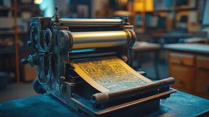 Fototapeta premium Vintage retro silver metal printer machine or device closeup. old fashioned rough textured antique equipment on the table or desk. nobody, no people, copy space.