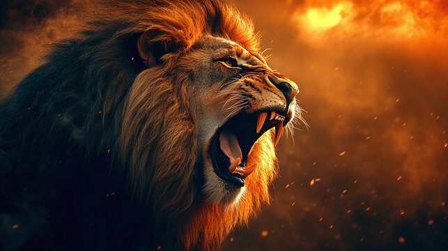 Side view closeup photography of a roaring big and dangerous male lion and, wild cat animal in the savanna or safari wilderness during summer sunset. - Powered by Adobe
