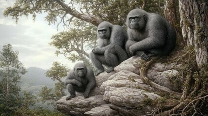 Obraz premium Exploring the Ancient World of Proconsul in a Lush Miocene Forest Environment