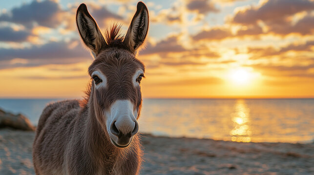Beautiful young brown domestic donkey or mule animal close up face portrait photography, standing on the sand beach during the golden hour sunset sky with clouds, ocean or sea waves in the background.