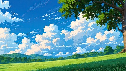 Fototapeta premium Anime background illustration scene of lush green grass on savannah with clear blue sky and hill as background 