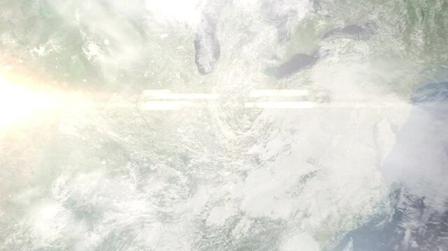 Earth zoom in from space and focus on Columbus, Indiana, USA. Background for travel intro or blog. Satellite view. 3D style Animation. Images from NASA.