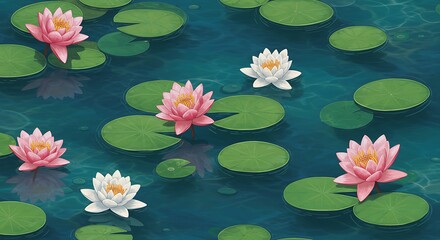 Beautiful pink and white lotus flowers on a tranquil pond.  Green lily pads float on the water. Floral nature scene.