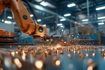 Robotic arm welding metal parts in factory.