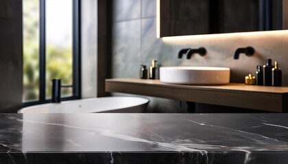 Fototapeta premium Empty marble surface in front of blurred modern bathroom interior