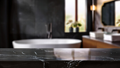 Fototapeta premium Empty black marble table top showing modern bathroom interior