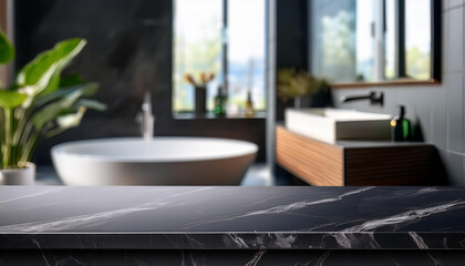 Empty black marble tabletop in front of blurred modern bathroom interior