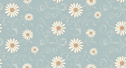 Charming vintage floral pattern.  Light blue background, white flowers, cute swirls. Decorative and whimsical. Seamless daisy design.