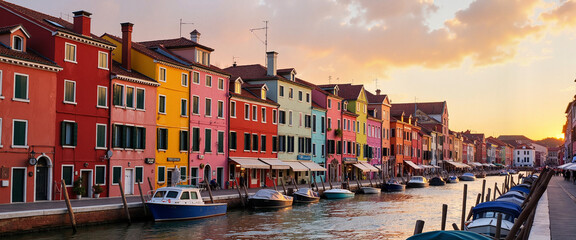 Colorful canal houses with boats at sunset in a vibrant town