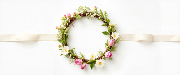 Floral wreath with pink flowers and ribbon on white background