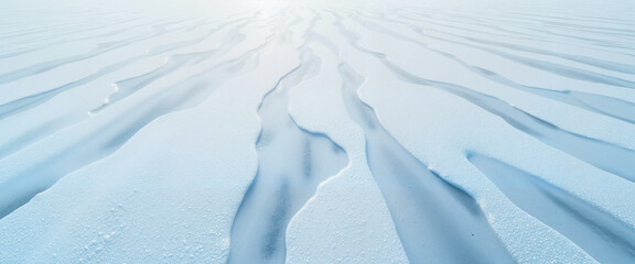 Rippled snow patterns on icy winter surface under soft light